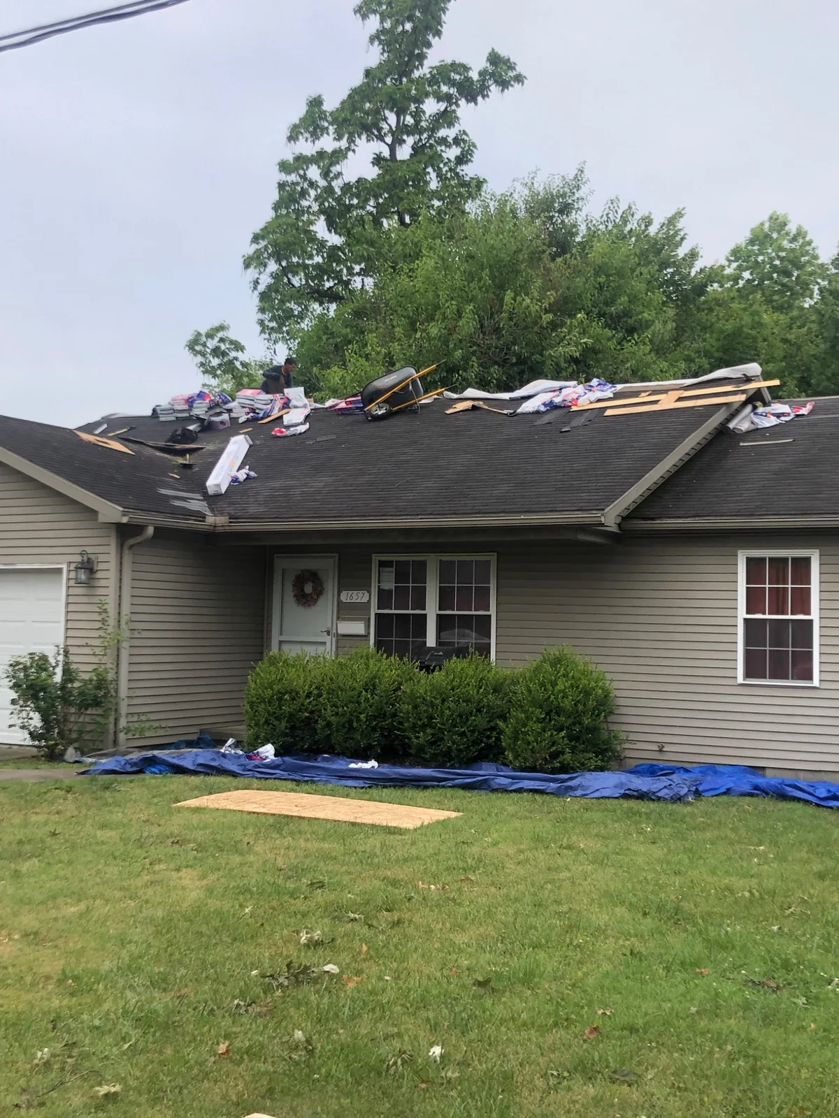 Residential roof replacement in progress with roofing materials and ground coverings